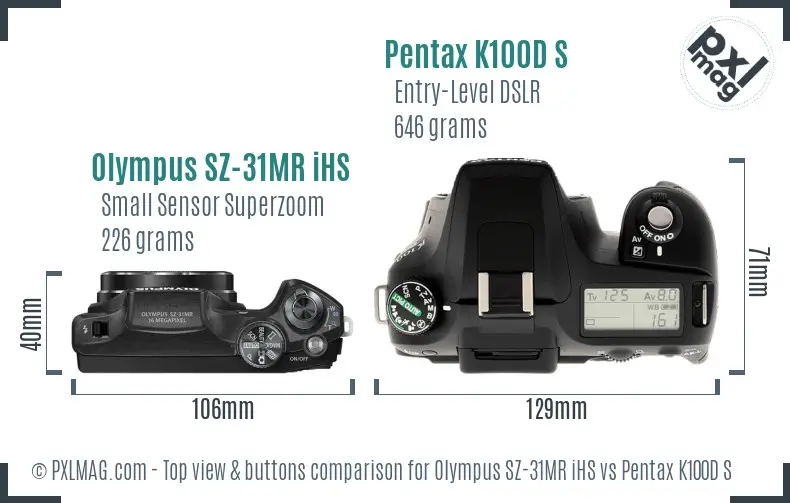 Olympus SZ-31MR iHS vs Pentax K100D S top view buttons comparison