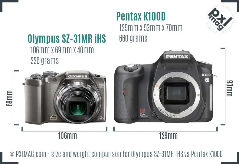 Olympus SZ-31MR iHS vs Pentax K100D size comparison