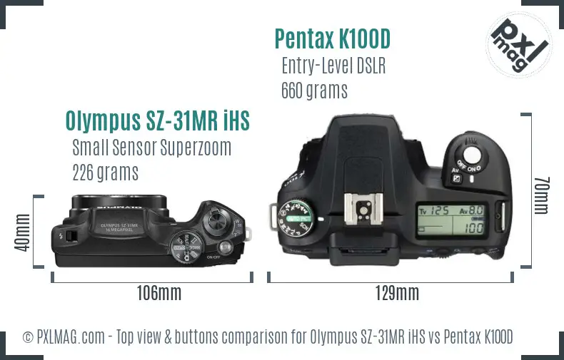 Olympus SZ-31MR iHS vs Pentax K100D top view buttons comparison