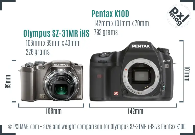 Olympus SZ-31MR iHS vs Pentax K10D size comparison