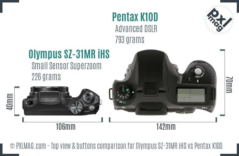 Olympus SZ-31MR iHS vs Pentax K10D top view buttons comparison