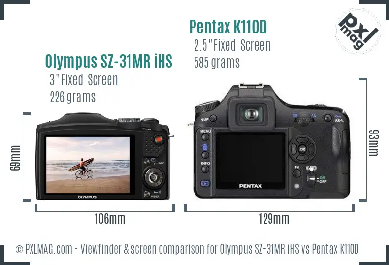 Olympus SZ-31MR iHS vs Pentax K110D Screen and Viewfinder comparison