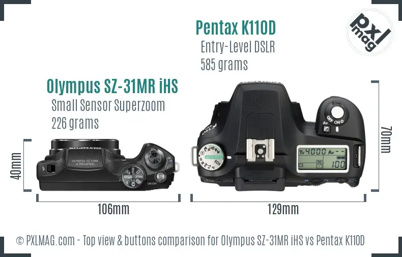 Olympus SZ-31MR iHS vs Pentax K110D top view buttons comparison