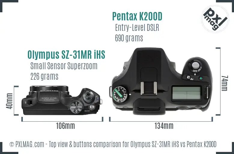 Olympus SZ-31MR iHS vs Pentax K200D top view buttons comparison