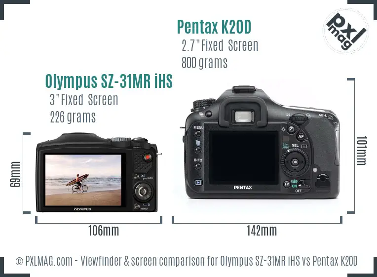 Olympus SZ-31MR iHS vs Pentax K20D Screen and Viewfinder comparison