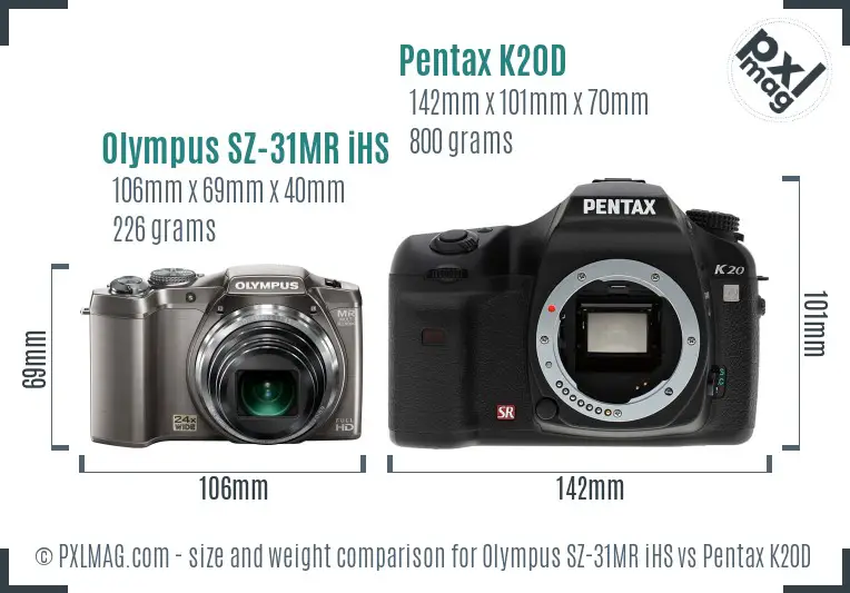 Olympus SZ-31MR iHS vs Pentax K20D size comparison