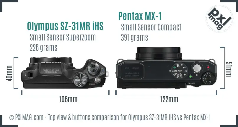 Olympus SZ-31MR iHS vs Pentax MX-1 top view buttons comparison