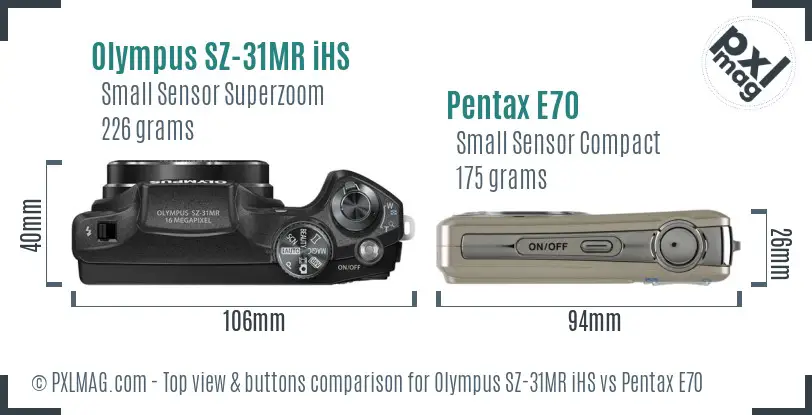 Olympus SZ-31MR iHS vs Pentax E70 top view buttons comparison