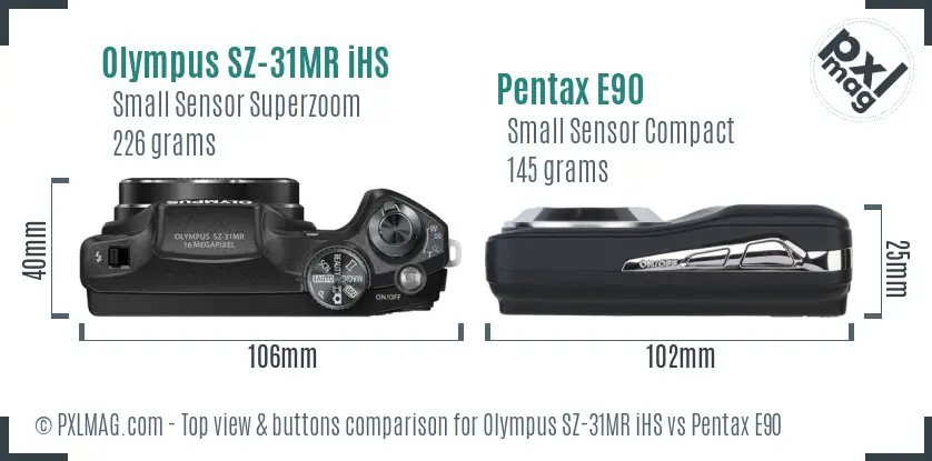 Olympus SZ-31MR iHS vs Pentax E90 top view buttons comparison
