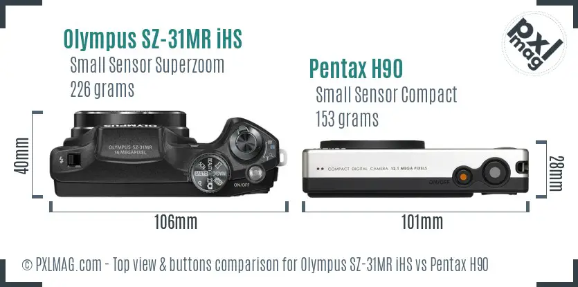 Olympus SZ-31MR iHS vs Pentax H90 top view buttons comparison