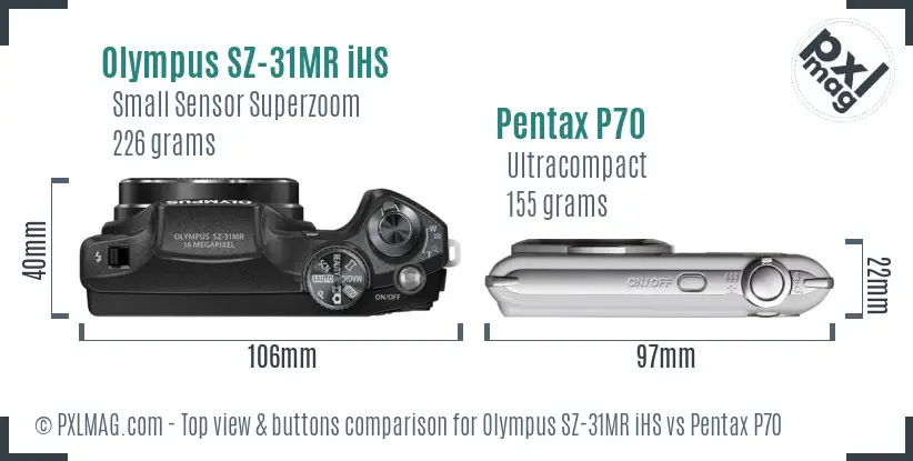 Olympus SZ-31MR iHS vs Pentax P70 top view buttons comparison