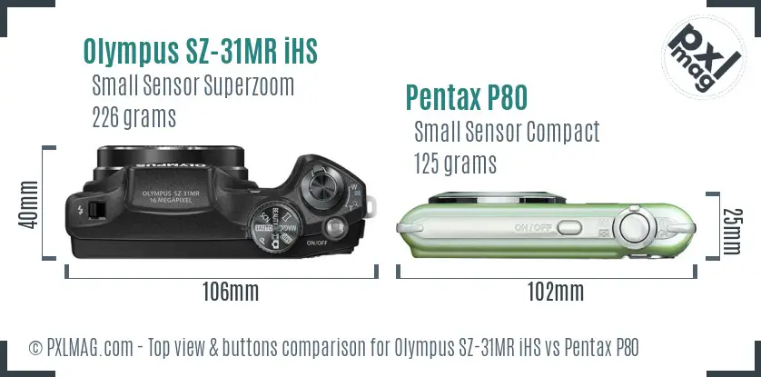 Olympus SZ-31MR iHS vs Pentax P80 top view buttons comparison