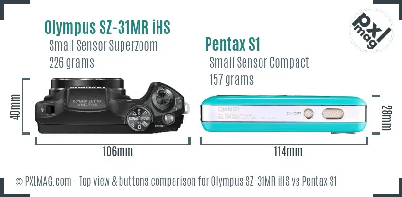 Olympus SZ-31MR iHS vs Pentax S1 top view buttons comparison