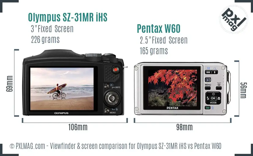 Olympus SZ-31MR iHS vs Pentax W60 Screen and Viewfinder comparison