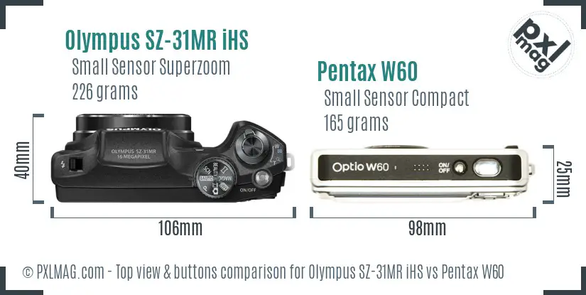 Olympus SZ-31MR iHS vs Pentax W60 top view buttons comparison
