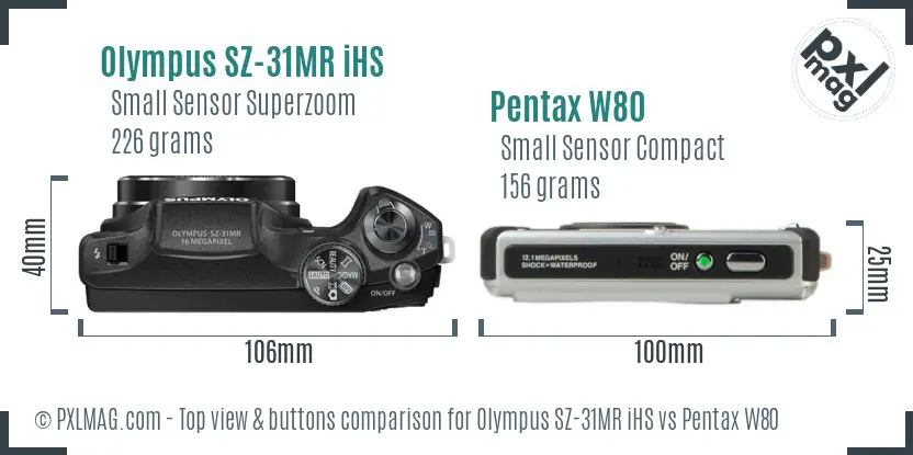 Olympus SZ-31MR iHS vs Pentax W80 top view buttons comparison