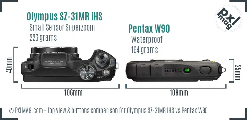 Olympus SZ-31MR iHS vs Pentax W90 top view buttons comparison