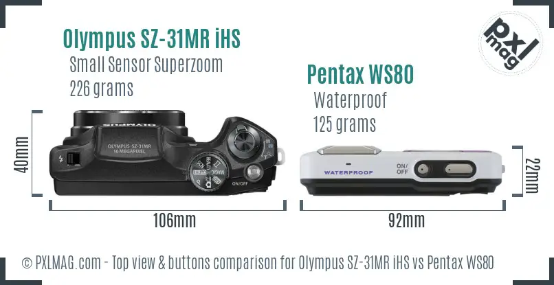 Olympus SZ-31MR iHS vs Pentax WS80 top view buttons comparison