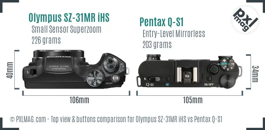 Olympus SZ-31MR iHS vs Pentax Q-S1 top view buttons comparison