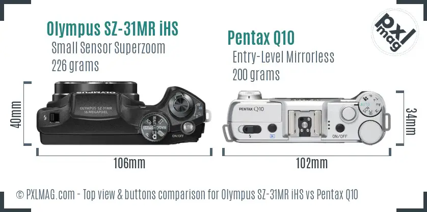 Olympus SZ-31MR iHS vs Pentax Q10 top view buttons comparison