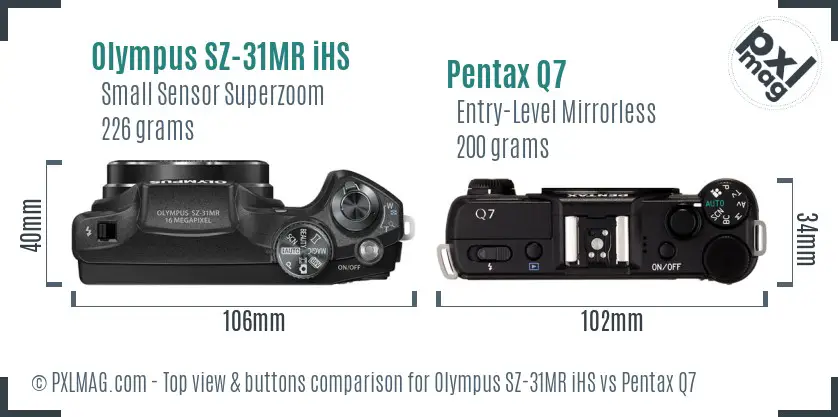 Olympus SZ-31MR iHS vs Pentax Q7 top view buttons comparison