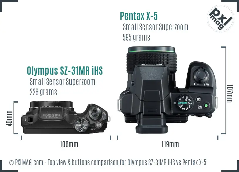 Olympus SZ-31MR iHS vs Pentax X-5 top view buttons comparison