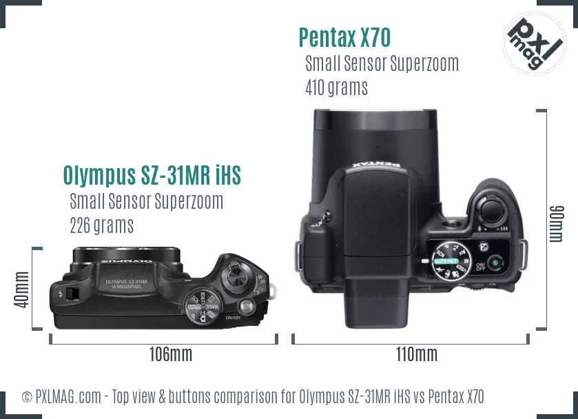 Olympus SZ-31MR iHS vs Pentax X70 top view buttons comparison