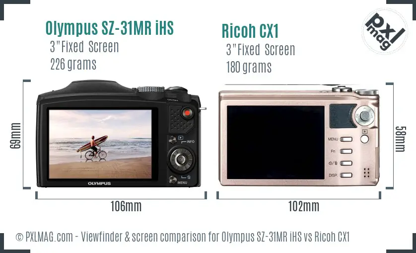 Olympus SZ-31MR iHS vs Ricoh CX1 Screen and Viewfinder comparison