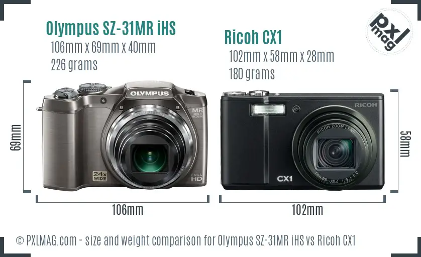 Olympus SZ-31MR iHS vs Ricoh CX1 size comparison