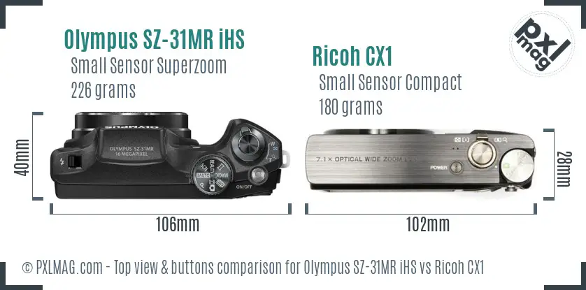 Olympus SZ-31MR iHS vs Ricoh CX1 top view buttons comparison