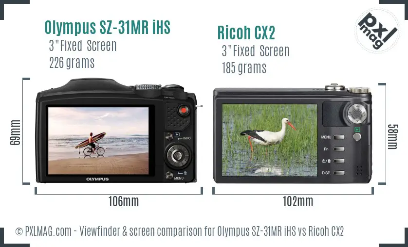 Olympus SZ-31MR iHS vs Ricoh CX2 Screen and Viewfinder comparison