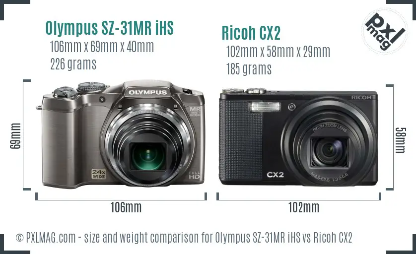Olympus SZ-31MR iHS vs Ricoh CX2 size comparison