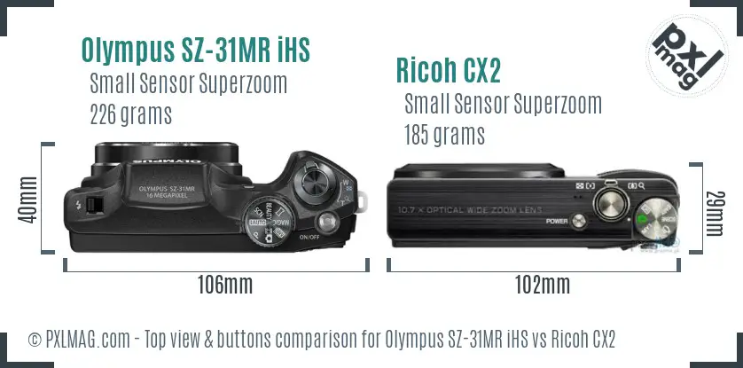 Olympus SZ-31MR iHS vs Ricoh CX2 top view buttons comparison