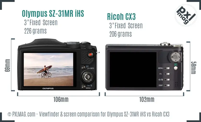 Olympus SZ-31MR iHS vs Ricoh CX3 Screen and Viewfinder comparison Olympus SZ-31MR iHS vs Ricoh CX3 Screen and Viewfinder comparison