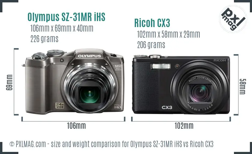 Olympus SZ-31MR iHS vs Ricoh CX3 size comparison Olympus SZ-31MR iHS vs Ricoh CX3 size comparison