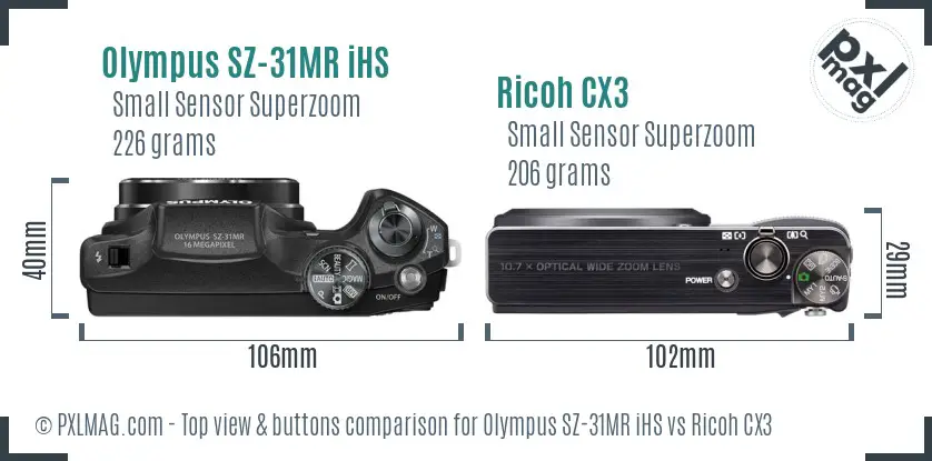 Olympus SZ-31MR iHS vs Ricoh CX3 top view buttons comparison Olympus SZ-31MR iHS vs Ricoh CX3 top view buttons comparison
