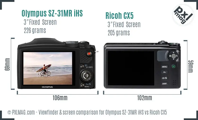 Olympus SZ-31MR iHS vs Ricoh CX5 Screen and Viewfinder comparison