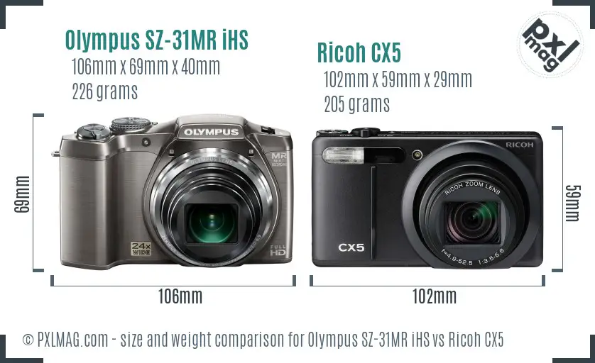 Olympus SZ-31MR iHS vs Ricoh CX5 size comparison