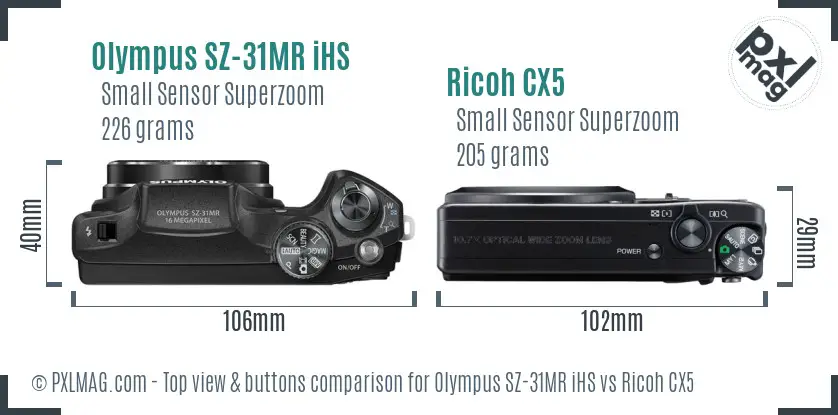 Olympus SZ-31MR iHS vs Ricoh CX5 top view buttons comparison