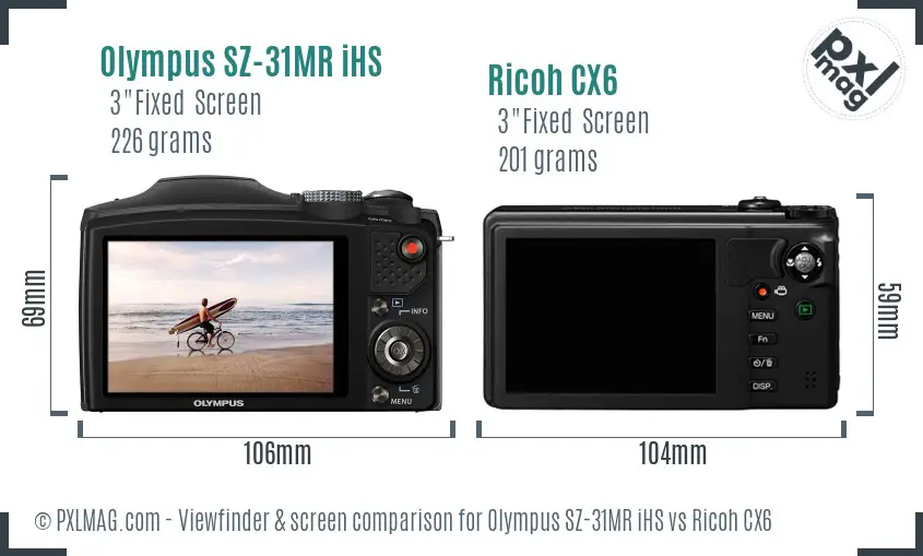 Olympus SZ-31MR iHS vs Ricoh CX6 Screen and Viewfinder comparison