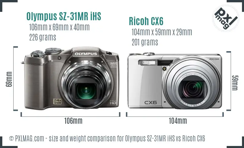 Olympus SZ-31MR iHS vs Ricoh CX6 size comparison