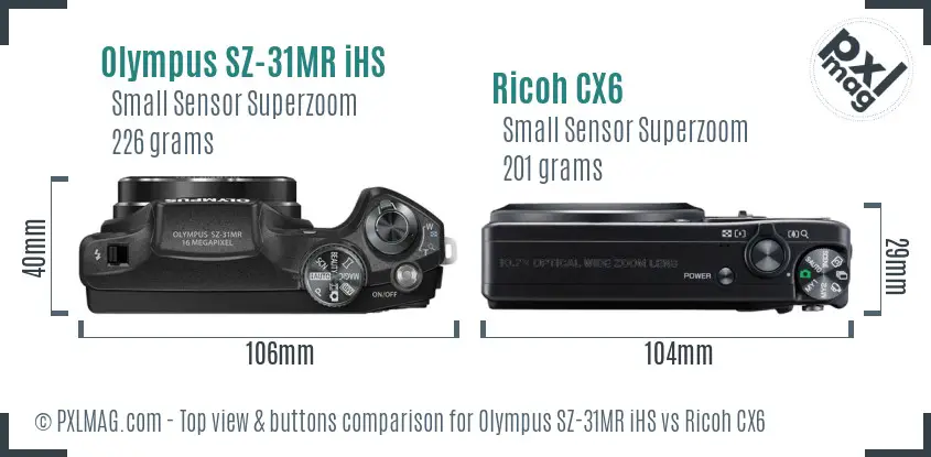 Olympus SZ-31MR iHS vs Ricoh CX6 top view buttons comparison