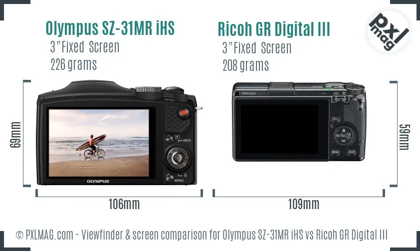 Olympus SZ-31MR iHS vs Ricoh GR Digital III Screen and Viewfinder comparison