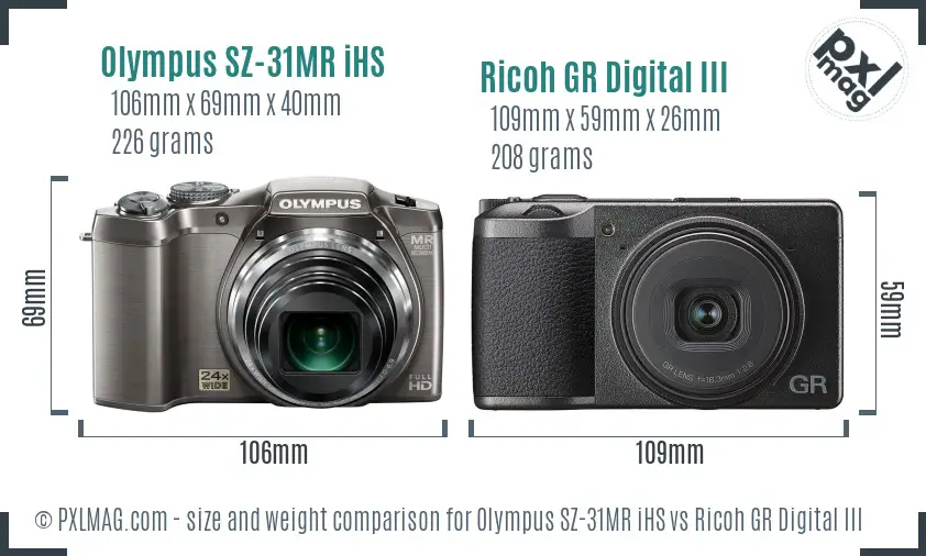 Olympus SZ-31MR iHS vs Ricoh GR Digital III size comparison