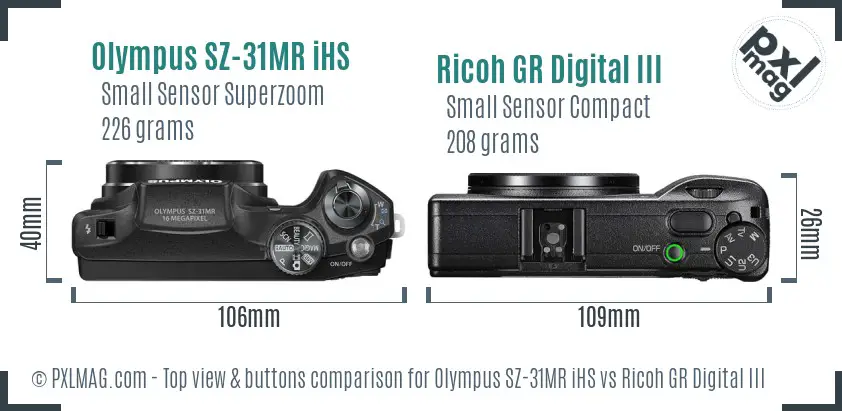 Olympus SZ-31MR iHS vs Ricoh GR Digital III top view buttons comparison