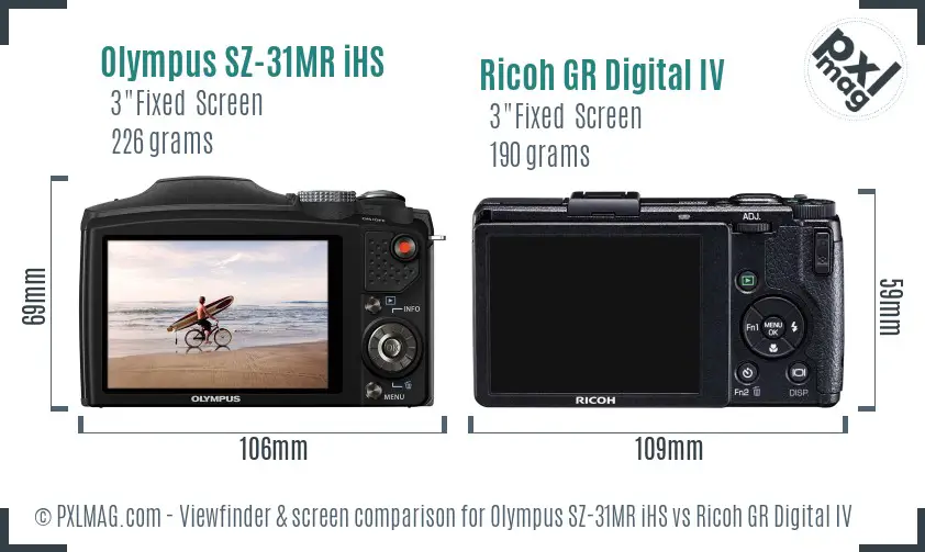 Olympus SZ-31MR iHS vs Ricoh GR Digital IV Screen and Viewfinder comparison