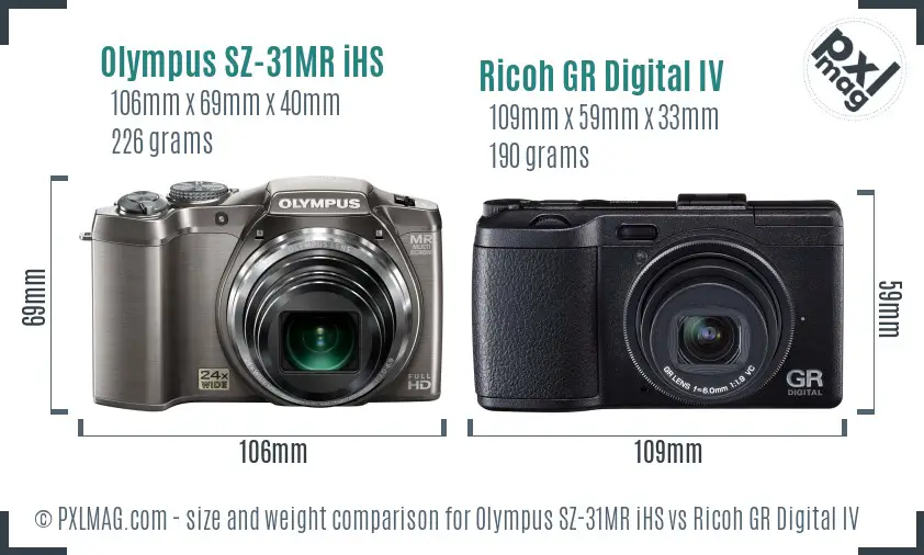 Olympus SZ-31MR iHS vs Ricoh GR Digital IV size comparison