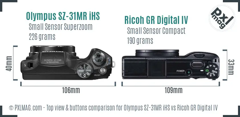 Olympus SZ-31MR iHS vs Ricoh GR Digital IV top view buttons comparison