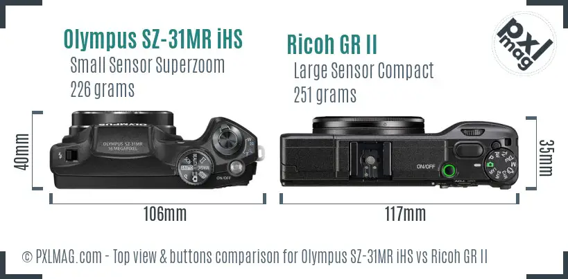 Olympus SZ-31MR iHS vs Ricoh GR II top view buttons comparison