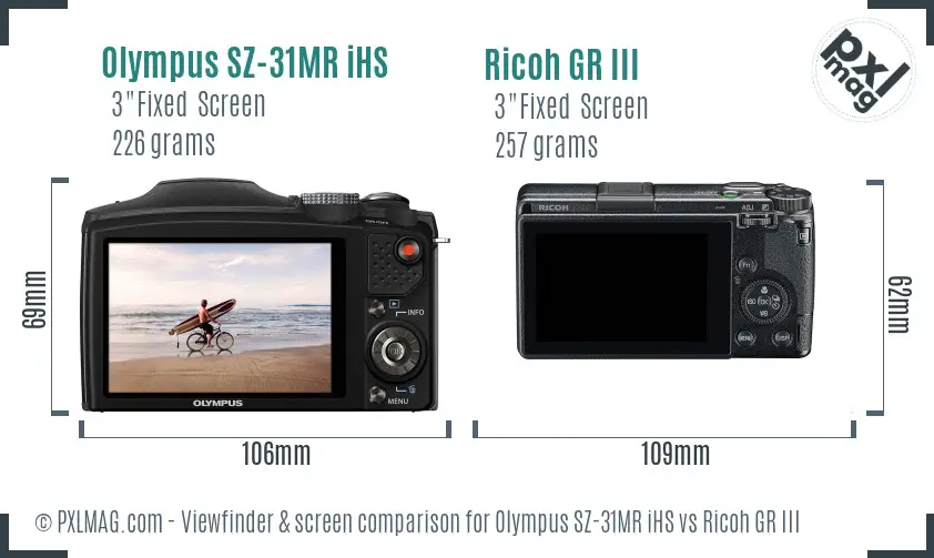Olympus SZ-31MR iHS vs Ricoh GR III Screen and Viewfinder comparison